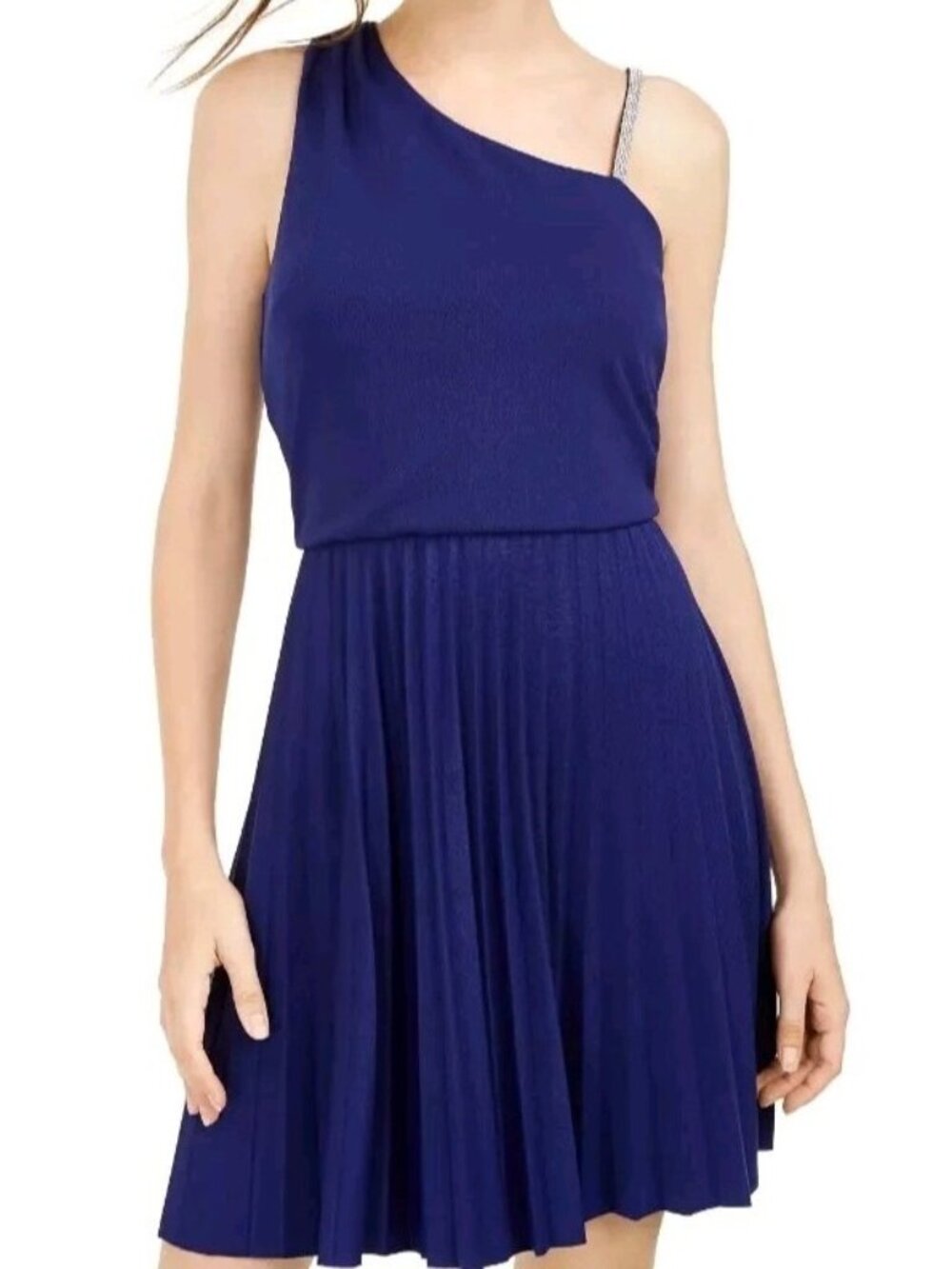 BCX Women Asymmetrical-Strap Dress Royal Blue Size Medium Pleated  Skirt